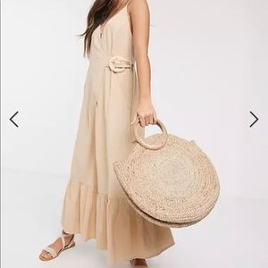 ASOS DESIGN cami wrap maxi dress in linen with wicker belt in stone